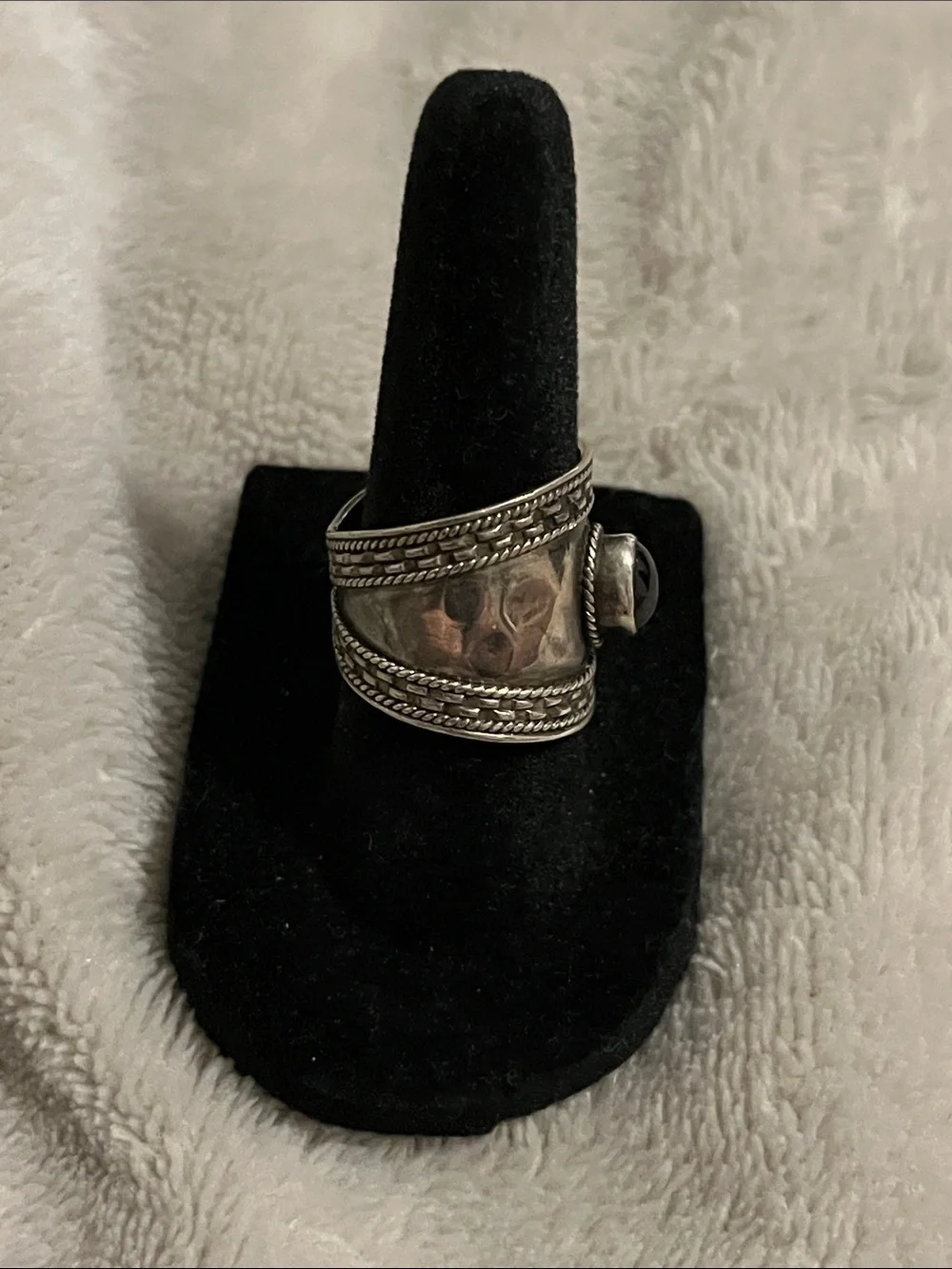 Vintage Sterling Silver Wide Band Ring with Red Stone